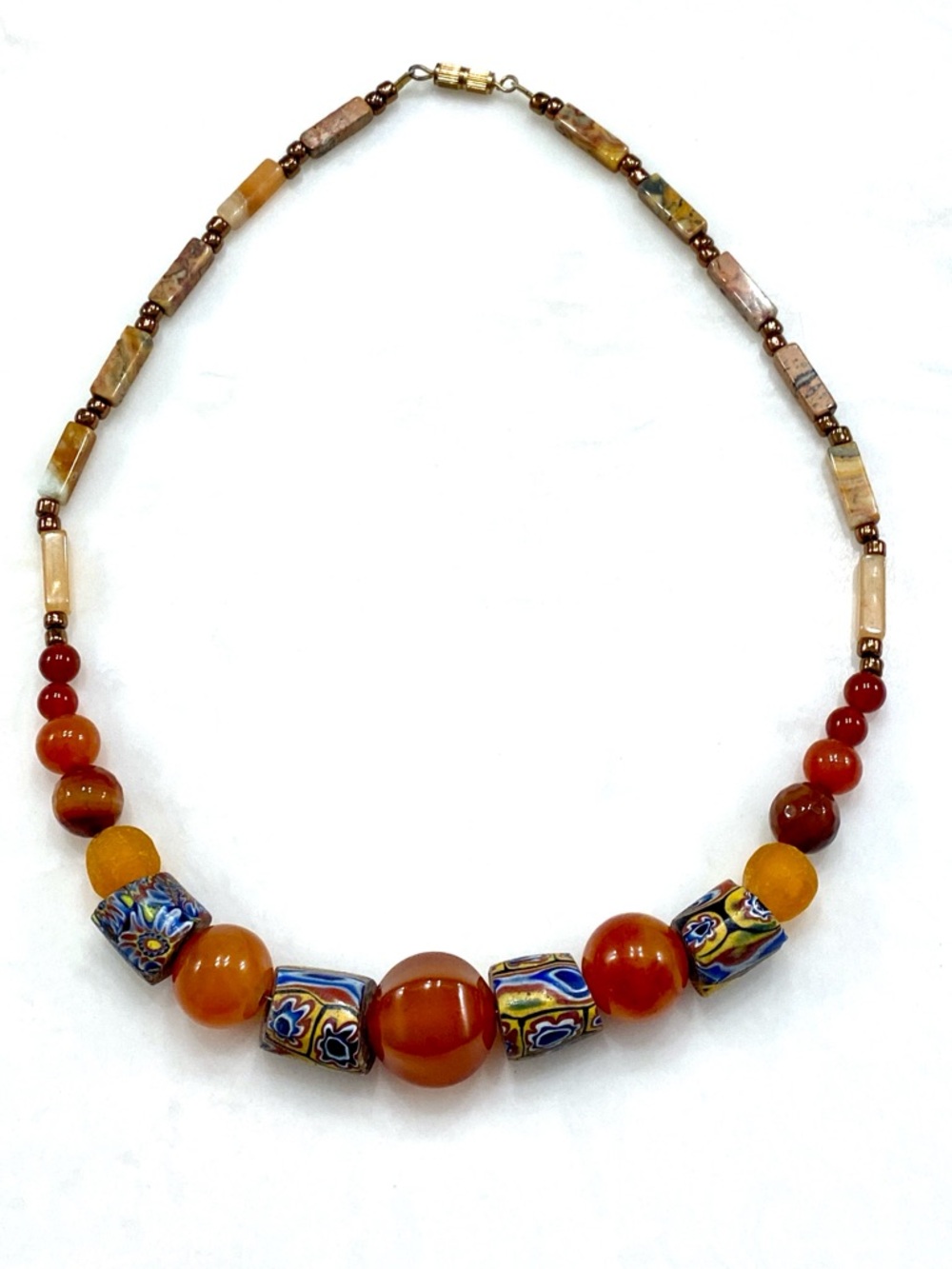 Vintage Carnelian & Millefiori Bead Statement Necklace in Amber